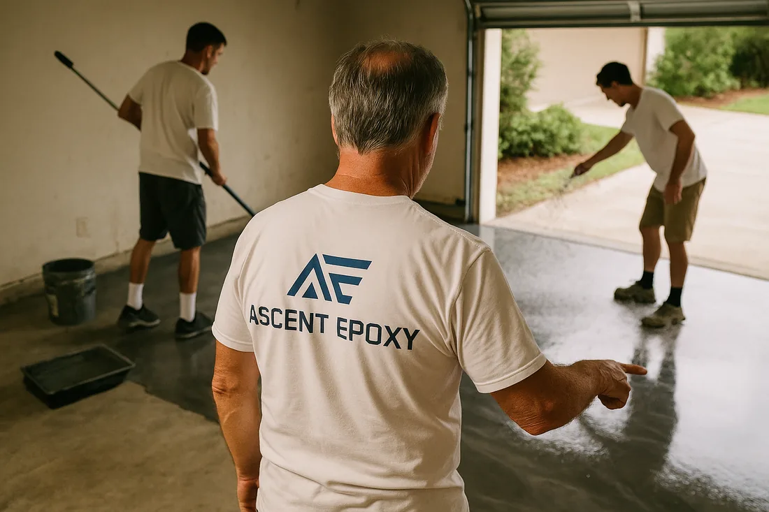 Ascent Epoxy Tampa owner inspecting a finished high-gloss metallic epoxy garage floor in Tampa