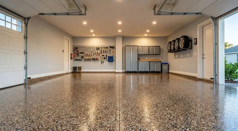 Clean Tampa garage with a decorative flake epoxy floor