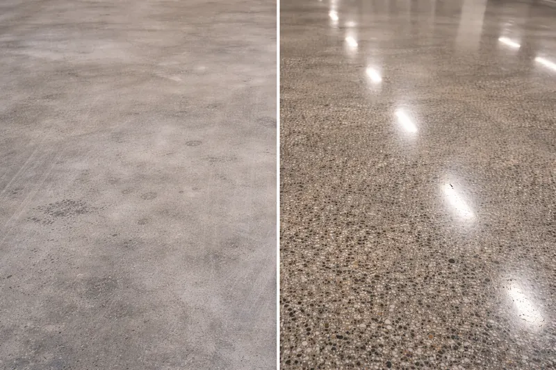Polished concrete before and after — raw concrete vs high-gloss finish Tampa